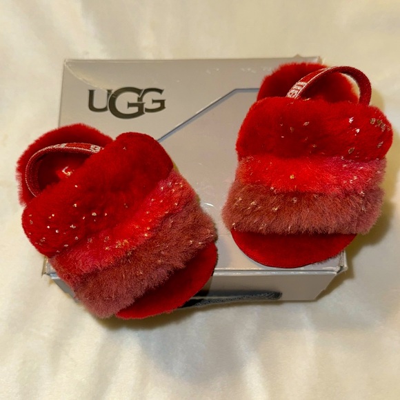 NEW UGG Baby Fluff Yeah Red Metallic Gold Sparkle Slippers size 2/3 US 6-12 Mth - Picture 2 of 8